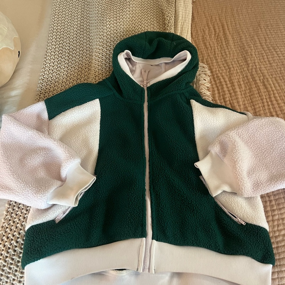 FP Movement by Free People Green and Cream Zip-Up Sherpa Hoodie